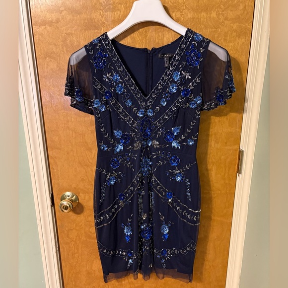Aidan Mattox Embellished V- Neck Cocktail Dress in Twilight Blue - 10 - Picture 4 of 7